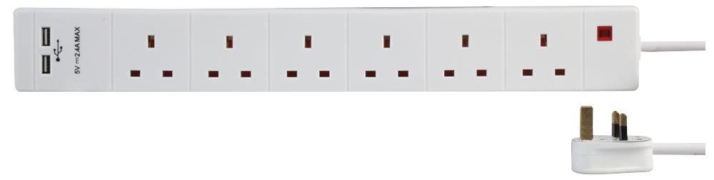 pro elec PEL00121 6 Way 2 USB Extension Lead, 2m, White 2 x usb
