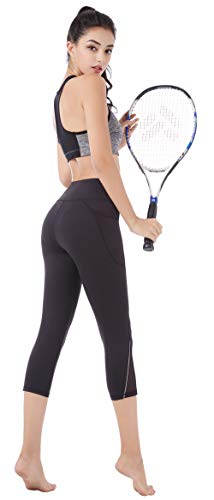 Picotee Women's Long Yoga Pants High Waist Workout Capri Leggings Running Active Tights w Side Pocket (Capri Leggings-Stripe Reflective, M)