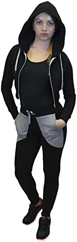 Crop Top Sweatsuit Loungewear Hoodie Jacket Jogger Pants Fleece Lining, Black Large