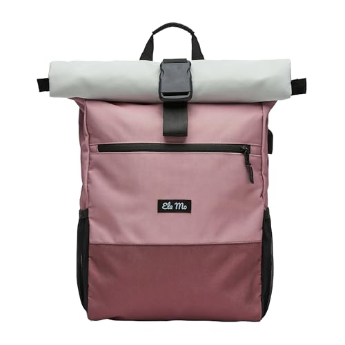 Ela Mo® Rolltop Rucksack Damen - Rollrucksack Anti Diebstahl für Sport & Reisen - Laptoprucksack für Schule, Uni, Business - Mit USB Anschluss & kompa