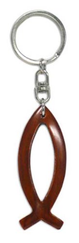 Brown mahogany wood Christian Jesus Ichthus fish keyring 9cm