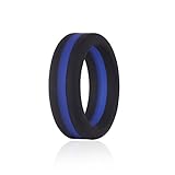 Silicone Wedding Ring Blue Line Thin Stripe for Men, Black Flexible Rubber Alternative Bands Set, Elastic Non Metal for Mechanic Workout, Active Athlete Exercise, Sprot Keep Fit