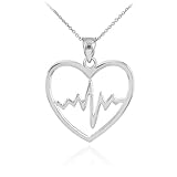 925 Sterling Silver Lifeline Pulse Heartbeat Charm Open Heart Pendant Necklace