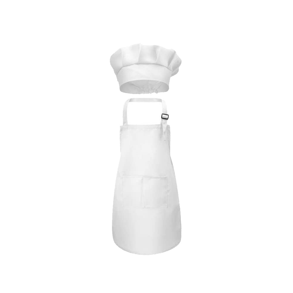 HugeDE 2 Pcs Kids Chef Apron Hat & Adjustable Baking Apron - Child Painting Aprons Toddler Chef Dress Up Outfit for Boys & Girls - White