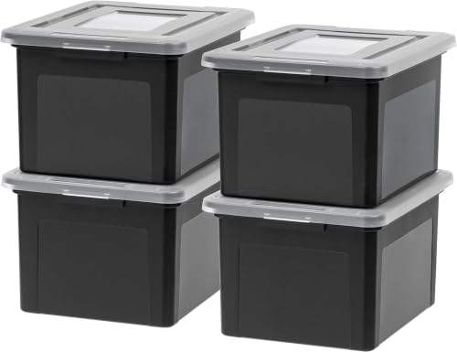 IRIS USA Caja de Transporte de Archivos Tamaño Carta/Legal, Paquete de 4, Caja de Almacenamiento Libre de BPA con Tapa de Seguridad y Cierre Duradero, Archivero Apilable Encajable, Negro/Transparente