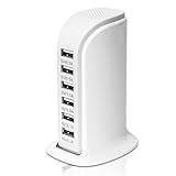 USB Tower Power Adapter 6-Port Smart IC Tech Charging Station with Quick Charge 2.1 for Phone, Tablets, Kindle, and More (White)