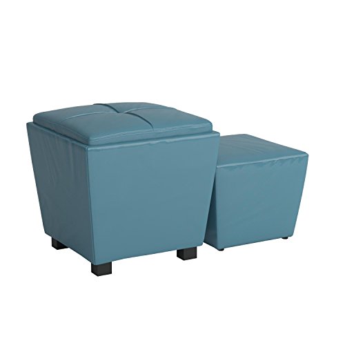 Office Star Metro Vinyl 2-Piece Storage Ottoman Nesting Cube Set with Dark Espresso Finished Feet, Blue - Thumbnail 5