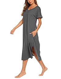 AVIIER Camisón largo para mujer con bolsillos, cuello en V, sin mangas, ropa de dormir química S-XXL