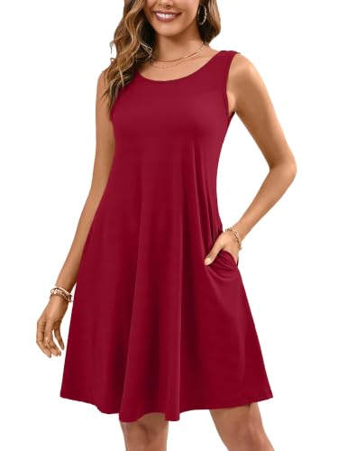 KORSIS Summer Dresses for Women Wine Red Large Casual T Shirt Tank Dresses Sleeveless Swing Flowy Ladies Beach Vacation Sundress with Pockets at Amazon