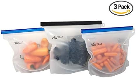 Reusable Silicone Food Storage Bags - Microwave Dishwasher Freezer Safe - Liquid, Sous Vide, Meat, Lunch, Snack, Fruit, Airtight Seal - 1 Large & 2 Medium