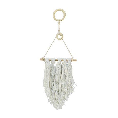 Truu Design Fiber and Wood, 8.5 x 20 inches, White, Ivory Wall Hanging with Tassels