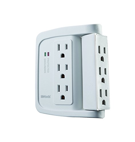 Woods 41423 Space-Saving Power Adapter Surge Protector with 6 Outlets in Which 90Â° for 1440J of Protection