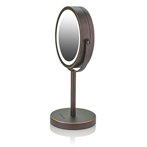 Ovente Lighted Tabletop Makeup Mirror, 6 Inch, Dual-Sided 1x/7x Magnification, Cordless, Battery Operated, Cool-Tone LED Lights, Antique Bronze (MLTBZ)