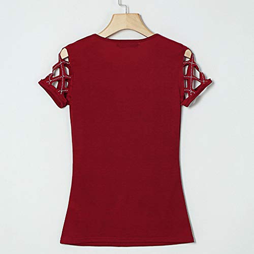 Farmerl Womens Tee O-Neck Short Sleeve Hollow Out Bling Nail Beading Casual Tops Wine - Thumbnail 4