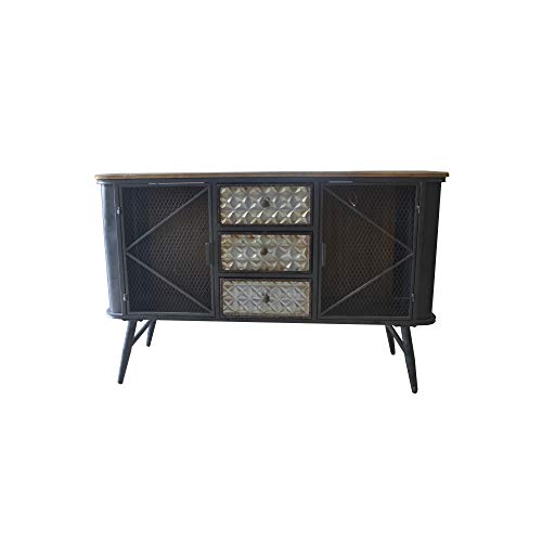 Herrera Buffet in Dark Gray with Metal Base, Three Drawers, Wire Mesh Door Fronts, And Solid Wood Top, by Artum Hill