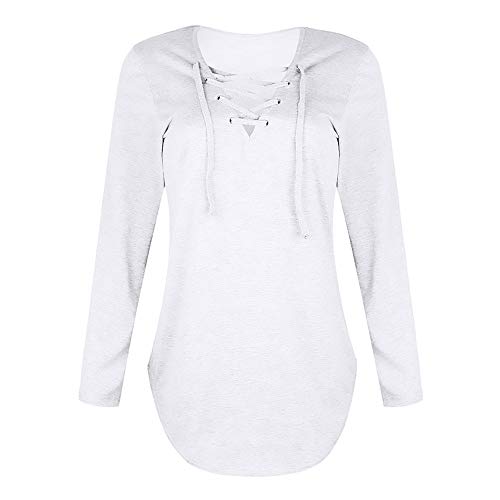 Nevera Women V Neck Strap Criss Cross Long Sleeve T-Shirt Top Blouse White