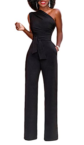 onlypuff Sexy Off The Shoulder Jumpsuit for Women Long Pants Rompers Solid Color One Shoulder Black Large
