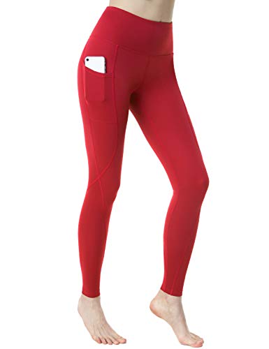 TSLA Yoga Pants Mid-Waist/High-Waist Tummy Control w Side/Hidden Pocket Series, Pocket Aerisoft(fyp74) – Red, Medium (Size 8-10_Hip39-41 Inch)