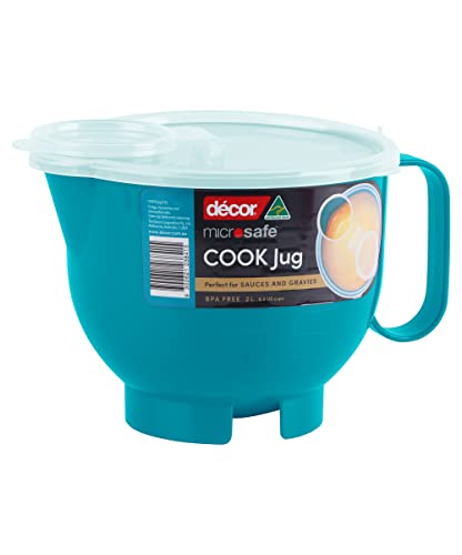 Decor Microsafe 2L Jug with Flip Cap Lid. Cooking, Reheating & Steaming in The Microwave. Safe Hold Handle and air Release Vent Feature. Dishwasher & Freezer Safe. BPA Free. Teal