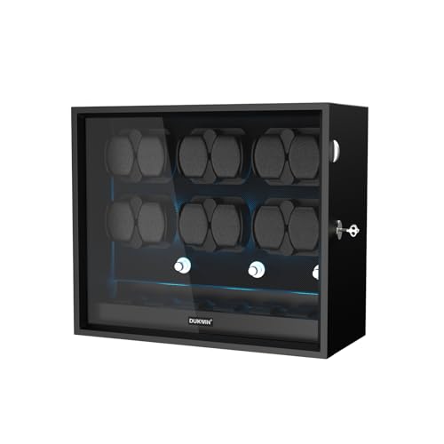 DUKWIN Watch Winder for 4/6/8/12 Automatic Watches, Lockable Automatic Winders with Extra 4/6 Watch Storages, 4 Rotation Modes, Quiet Mabuchi Motor, Sfot Watch Pillows and Blue Backlight