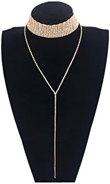 YCYS Women's Wide Thick Y Necklace Rhinestone Choker Necklace with Long Pendant