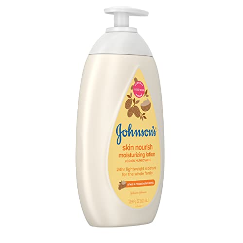 JOHNSON’S SKIN NOURISH MOISTURIZING BABY LOTION FOR DRY SKIN WITH SHEA & COCOA BUTTER SCENTS, GENTLE & LIGHTWEIGHT BODY LOTION FOR THE WHOLE FAMILY, HYPOALLERGENIC, DYE-FREE, 16.9 FL. OZ