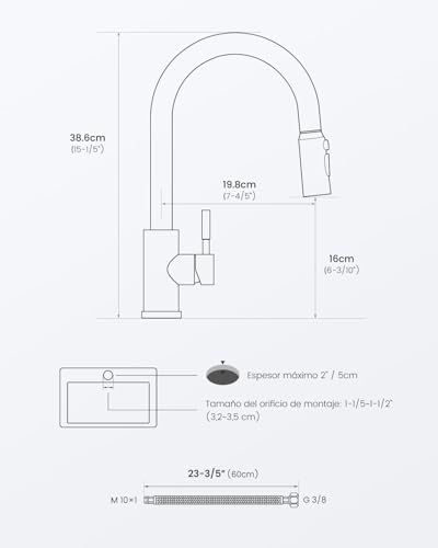 APPASO Grifo de cocina, SUS304 grifo de acero inoxidable con pull down pulverizador de 3 modos, grifo monomando de fregadero níquel cepillado (Sin dispensador de jabón)