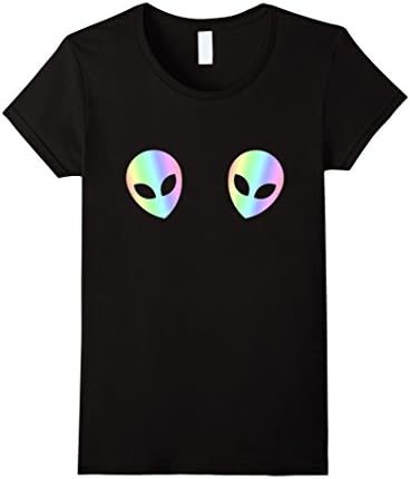 Womens Two Aliens T-Shirt Funny Psychedelic Holographic Top Tee Large Black