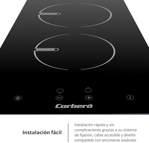 Corberó – Placa Vitrocerámica Domino 2 zonas | CCVGD25BF | 9 Niveles de Potencia | Control Táctil | Potencia 2900 W | Desconexión Automática | Bloqueo Infantil |Indicador Calor Residual |Negro
