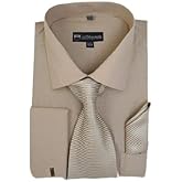 Milano Moda Solid Dress Shirt with Tie, Hankie & French Cuffs SG27-Khaki-18-18 1/2-34-35