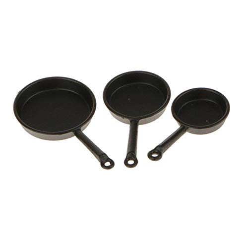 1/12 Scale 3pcs Dollhouse Miniature Metal Frying Pans Cooking Pot Cookware Kitchen Accessory Not Sticky Saucepan Pancake Po,Black