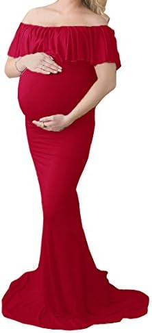 cutesky Women's Off Shoulder Solid Color Ruffles Maxi Photography Dress Bodycon Maternity Dress