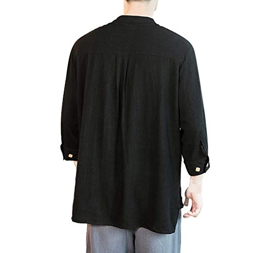 Men Linen and Cotton V Neck 3/4 Sleeve T Shirts Casual Tee Button Henley Shirts Summer Beach Top Blouse Black - Thumbnail 2