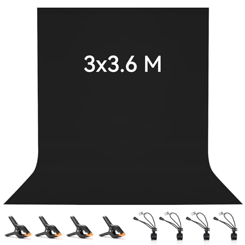 Vevelux Fotografie-Hintergrund 3 x 3,6 M, Foto Hintergrund aus 100% Polyester mit 4 große Studio Klemmen & 4 Tarp Clip, Schwarz Screen für Fotostudio,