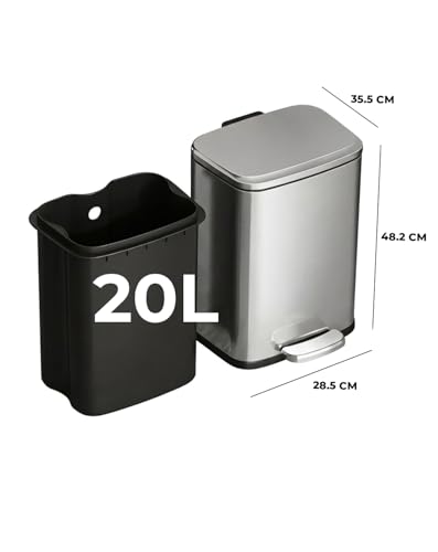 Foot Pedal Trash Can with Soft-Close Lid – Stainless Steel Trash Bin with Removable Inner Bucket, Hands-Free Pedal Garbage Bin for Kitchen, Bathroom, Office & Bedroom - Silver 20L