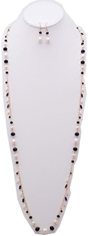 JN0272 - WOMEN'S FASHIONABLE PEARL N CRYSTAL LONG NECKLACE AND EARRINGS SET (CREAM BLACK)
