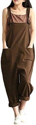YAELUCKY Women Cotton Linen Overalls Adjustable Strap Pattern Sleeveless Jumpsuit With Pockets Coffee
