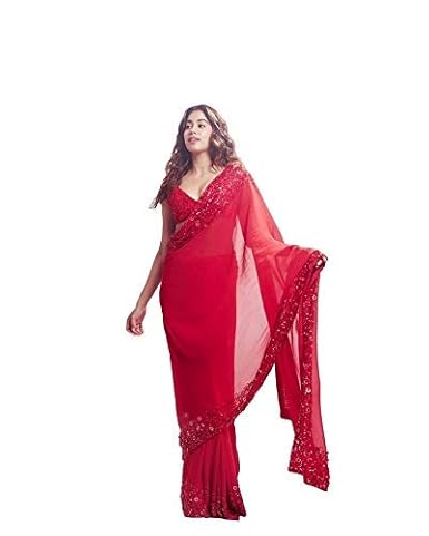 Womens Embroidery Diamond Moti Work Pure Georgette Saree (Red, YF-177)