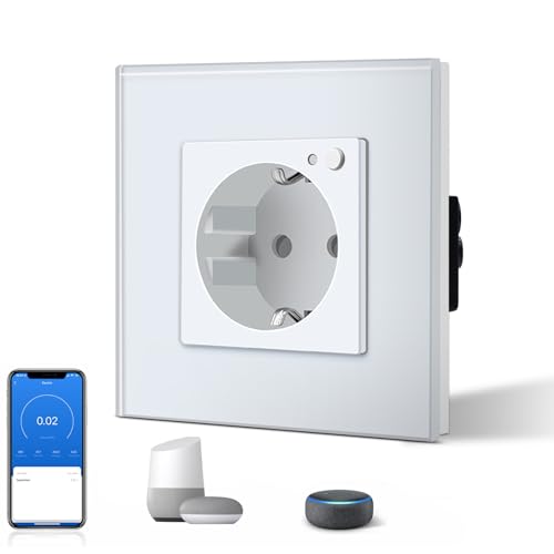 BSEED Smart Plug with Glass, WiFi Wall Plugs with Energy Meter, Remote Control and Timer, Neutral Cable Required, 1 WiFi Plug with Measurement, 86 mm White