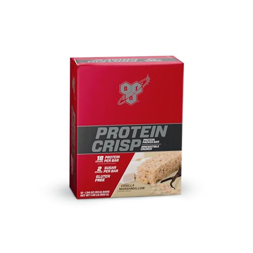 BSN PROTEIN CRISP BAR, VANILLA MARSHMALLOW, 18 GRAM PROTEIN SNACK BARS WITH WHEY AND FIBER, GLUTEN-FREE CRUNCHY ENERGY BARS FOR WORKOUT, FITNESS, ON-THE-GO, 12 COUNT