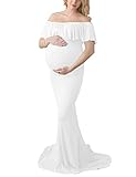 Saslax Women's Ruffle Off Shoulder Maternity Slim Fit Gown for Photography Maxi Dress Off White (Line) M
