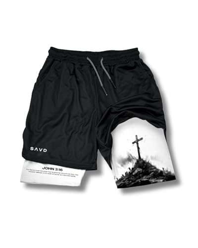 SAVD Christian Performance Shorts - Youth/Kids Gym & Sport Shorts with Pockets & Compression Liner, Bible Verse Activewear