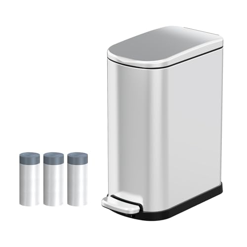 KdbK 2.6 Gallon Slim Bathroom Trash Can Comes with 60 Garbage Bags,Brushed Stainless Steel Trash Can with Lid