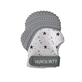 Malarkey Kids Munch Mitt Teething Mitten - The ORIGINAL Mom-Invented Silicone Teether Mitten with Travel Bag – Ideal Teething Toys for Baby Shower Gift  - Grey Stars