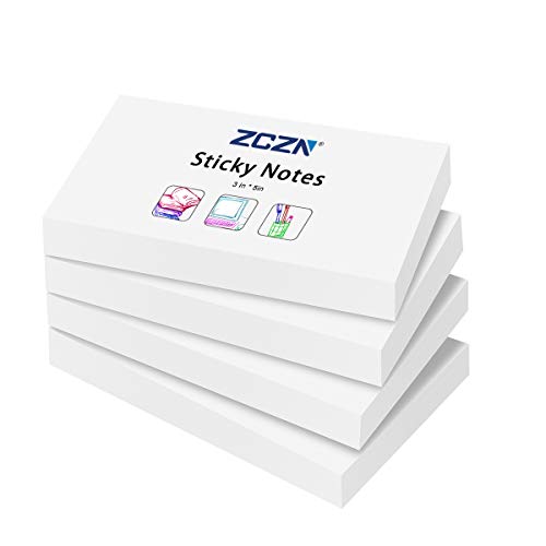 ZCZN Sticky Notes, 3in x 5in, 70 Sheets/Pad, 4 Pads/Pack, White