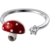 Cute Mushroom 925 Sterling Silver Open Band Ring for Women Girls CZ Expandable Food Statement Finger Rings Adjustable Dainty Birthday Easter Christmas Jewelry Gift