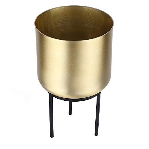 NCYP Modern Mid Century 5.9" Round Golden Flower Pot Metal Planter with Black Iron Rack Stand Patio Indoor Planter for Flower Plants Cactus Succulents Areca Palm Fiddle-Leaf Fig (Large)