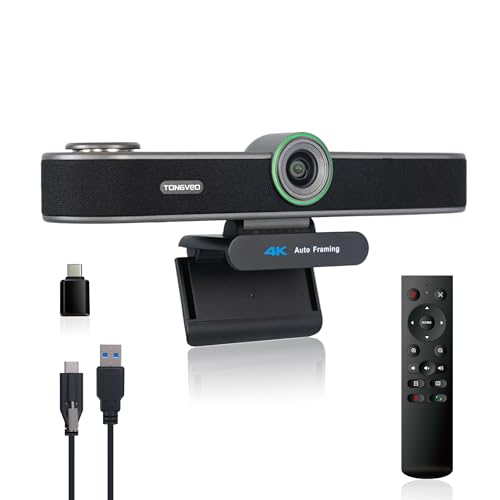 TONGVEO AI Tracking 4K Webcam 5X Zoomable for Conference TV Room System with 4 Mics and Speaker, Computer ePTZ Camera with Remote, Adjustable Wide Angle, for Laptop Mac, Video Call, Zoom