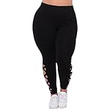 Tootu Women Plus Size Elastic Leggings Solid Criss-Cross Hollow Out Sport Pants (XXXL, Black)