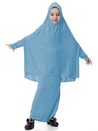 5-9T Muslim Kids Girls Batwing Sleeve Dresses Tops Solid Traditional Abaya Tunic Long Dress 2pcs Outfits Set (Sky blue, 9T / XL)